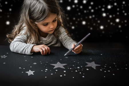 Young girl concentrates while drawing stars with glitter on a black surface during a creative activity.の写真素材