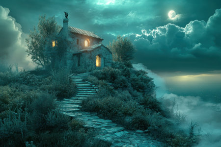 A charming stone house sits on a hillside, glowing softly under the moonlight with dark clouds above.の写真素材