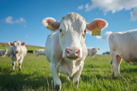 A white cow with ear tags approaches, surrounded by other cattle enjoying a sunny day in the pasture.の写真素材