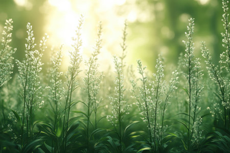 Delicate wildflowers bloom in a lush forest as morning sunlight creates a tranquil atmosphere.の写真素材