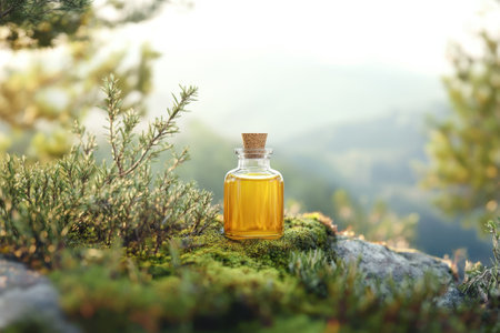 A glass bottle of golden oil sits on a mossy rock, surrounded by green leaves in soft natural light.の写真素材