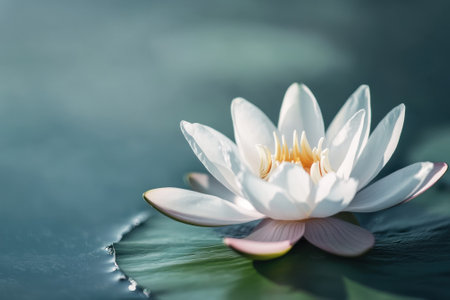 A delicate white water lily floats calmly on the surface of a tranquil pond, showing its beauty.の写真素材