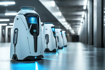 Four robots stood in a sleek corridor, glowing softly while ready for nighttime security duties.の写真素材