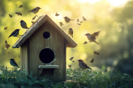 Small birds are interacting around a wooden birdhouse in a peaceful garden, with sunlight streaming down.の写真素材