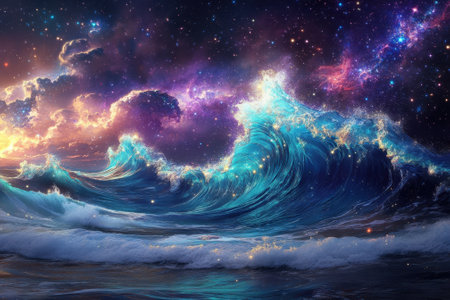 Waves surge powerfully under a celestial sky illuminated by stars and swirling galaxies.の写真素材