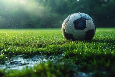 Raindrops glisten on a soccer ball as it sits on the grass during a rainy afternoon, creating a serene atmosphere.の写真素材