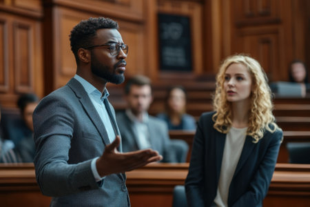 A young lawyer confidently argues a case while a colleague listens attentively in the courtroom.の写真素材