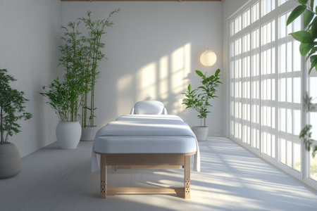 This serene spa room features a massage bed surrounded by greenery and soft sunlight streaming in.の写真素材