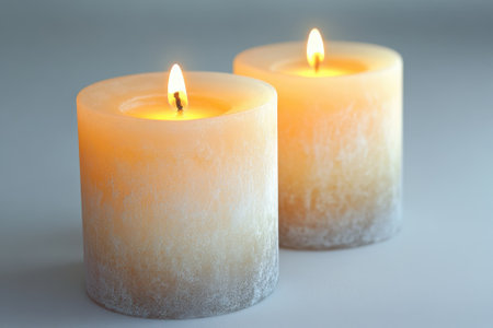 Softly glowing candles create a warm atmosphere, illuminating a calm space in the evening hours.の写真素材