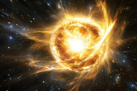 A powerful star is undergoing an explosion in space, emitting radiant light and vibrant energy throughout the cosmos.の写真素材