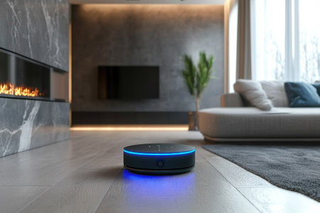 A robotic vacuum cleaner navigates a stylish living room with a fireplace and large windows.の写真素材