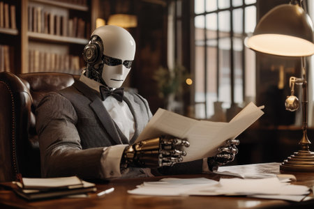 A robot dressed in a formal suit studies papers while seated in an elegant office with wooden shelves.の写真素材
