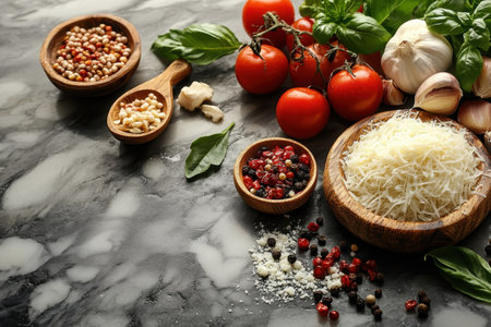 Fresh tomatoes, garlic, basil, and spices arranged on marble, ready for a delicious meal preparation.の写真素材