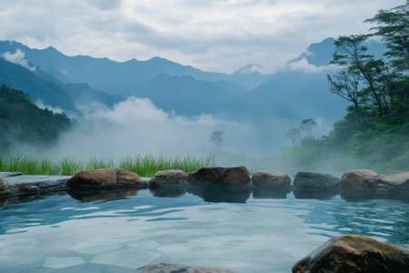 Natural hot spring surrounded by lush greenery and misty mountains, creating a peaceful morning atmosphere.の写真素材