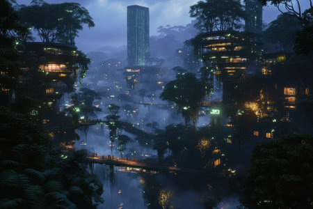Modern buildings blend into jungle surroundings, glowing amid misty atmosphere and tranquil water at night.の写真素材
