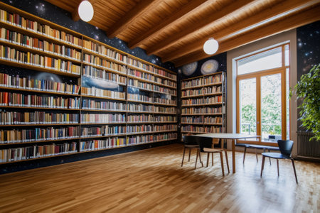 A spacious library features tall bookshelves filled with books, a wooden ceiling, and natural light.の写真素材