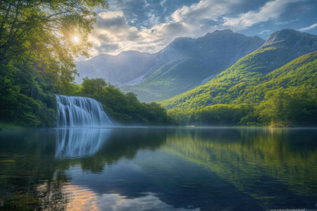 Water flows over a scenic waterfall into a calm lake, with mountains and trees reflecting in the water.の写真素材