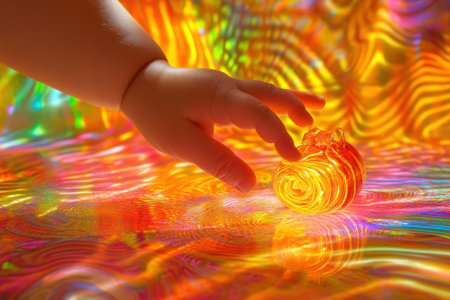 A child reaches for a vibrant swirl glass ornament resting on a colorful, reflective surface.の写真素材