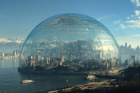 A stunning dome encases a modern city skyline with water and mountains in the background at dawn.の写真素材
