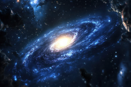 A breathtaking spiral galaxy with a luminous center, surrounded by countless sparkling stars in deep space.の写真素材