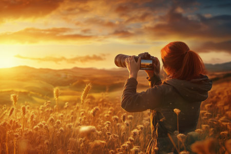 A person takes photos of a beautiful sunset over a vast field, surrounded by tall grass and hills.の写真素材