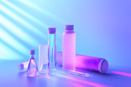 Various glass and plastic containers display different colors against a bright, colorful background.の写真素材