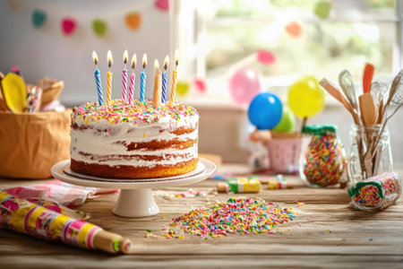 A decorated birthday cake with vibrant candles is placed on a table surrounded by colorful party items.の写真素材