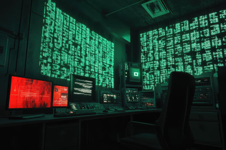A modern control room with glowing green and red screens displays complex data, creating a high-tech vibe.の写真素材