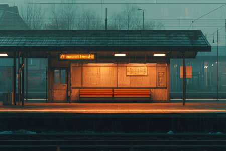 A quiet train station platform at dusk, featuring a warm glow from nearby lights and a solitary bench.の写真素材