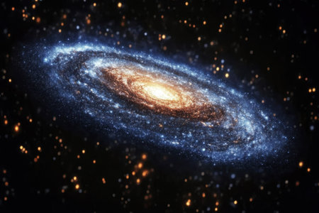 A stunning spiral galaxy with a bright center surrounded by sparkling stars illuminates the vast universe.の写真素材