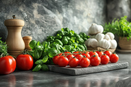 Bright red tomatoes and vibrant herbs are beautifully arranged on a rustic kitchen surface with garlic.の写真素材