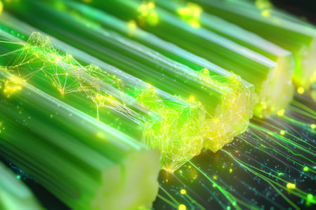 Fresh celery stalks lay neatly arranged, illuminated by glowing green and yellow hues, against a dark backdrop.の写真素材