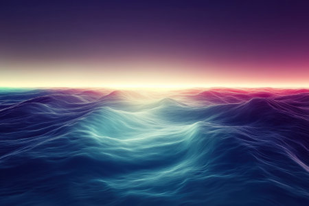 Gentle waves roll into a tranquil ocean as the sky transitions into vibrant twilight hues.の写真素材