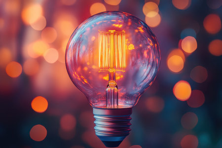 A vintage light bulb glows warmly in the evening, surrounded by vibrant bokeh lights in soft focus.の写真素材