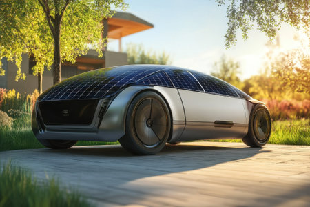 A sleek solar-powered vehicle is parked on a stone path surrounded by greenery and modern architecture.の写真素材