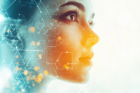 A woman thoughtfully gazes as glowing data patterns blend with her profile, highlighting humanity and technology.の写真素材