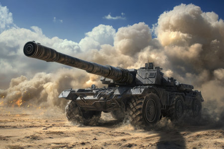 A military tank navigates a dusty terrain, sending up clouds of dust among a dynamic sky backdrop.の写真素材