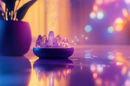 A soothing aromatherapy fountain features crystal shapes, emitting gentle mist and colorful lights in a tranquil space.の写真素材