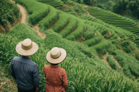 Two farmers stand together, admiring the beautiful terraced rice fields under a clear sky.の写真素材