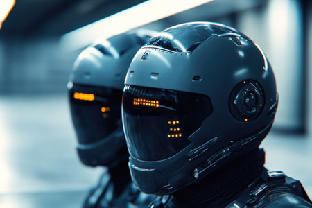 Two robotic figures with advanced helmets and glowing visors stand solemnly in a modern corridor.の写真素材