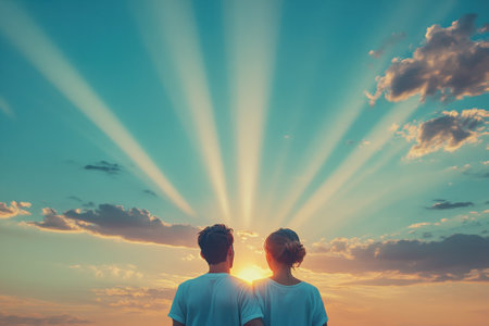 A couple stands together, admiring the beautiful sunset as rays of light burst through the clouds above.の写真素材