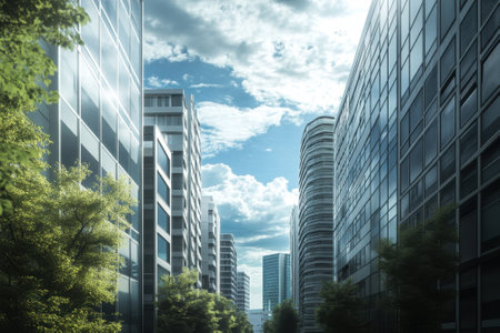 Skyscrapers line the street, reflecting sunlight as greenery adds vibrancy beneath a clear blue sky.の写真素材