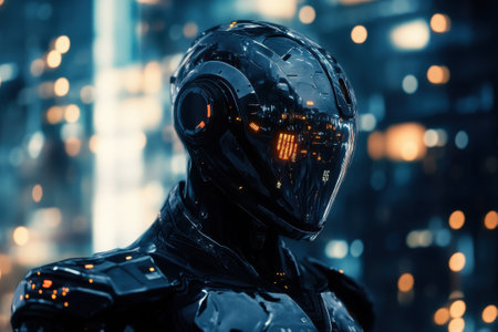 A sleek, advanced robot with a reflective surface stands amidst a vibrant city skyline illuminated by lights.の写真素材