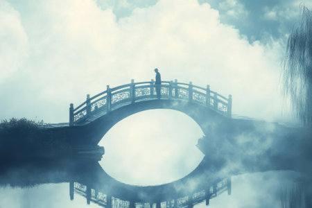 A solitary person stands on a traditional bridge shrouded in fog, surrounded by calm waters at dawn.の写真素材