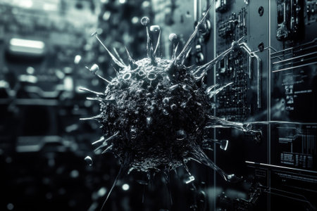 A virus structure is illustrated amid digital circuitry, blending biology and technology.の写真素材