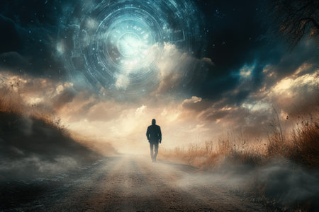 A figure walks alone on a dusty road surrounded by fog, gazing at a glowing portal above in the sky.の写真素材