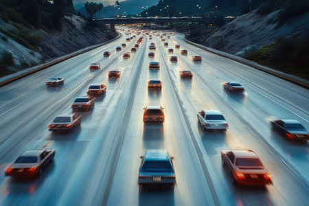 Cars travel along a busy highway under a cloudy sky with wet pavement reflecting lights after rain.の写真素材