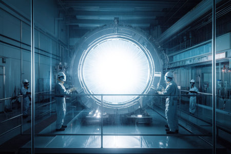 Scientists in protective gear observe high-energy equipment emitting bright light in a research facility.の写真素材