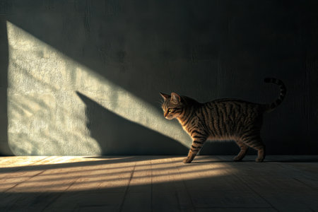 A curious tabby cat walks gracefully in a sunlit room, casting interesting shadows on the floor.の写真素材