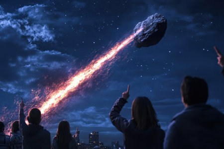 People look up in awe as a bright comet travels through the night sky above a bustling city.の写真素材